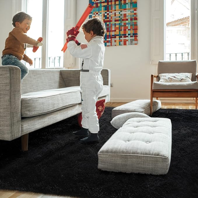 Amearea Shag Fluffy Area Rug for Bedroom Girls Living Room, Extra Soft and Fuzzy Shaggy Rugs, Non Slip, Solid Color Carpet Mat for Boys Nursery Home, Black 5x8 Feet