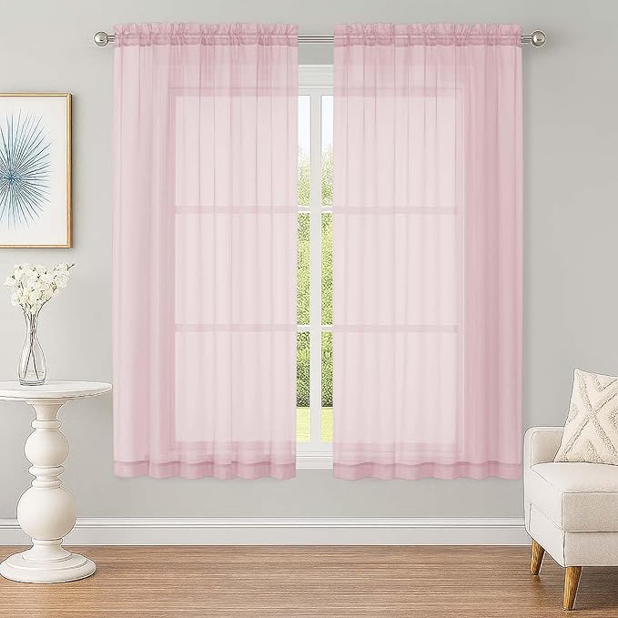 OWENIE Sheer Blush Curtains, Sheer Curtains 63 inch Length 2 Panels Set, Rod Pocket Voile Fimly Sheer Drapes for Living Room Bedroom, 2pcs, Blush, Each 59" W x 63" L