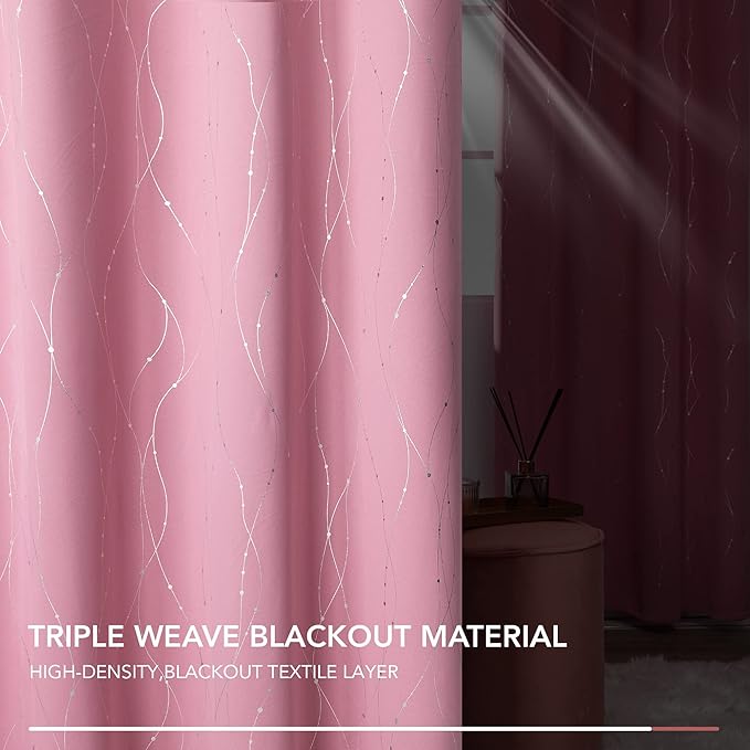 Deconovo Short Blackout Curtain, Pink Curtain, Thermal Insulated Soundproof Grommet Drapes, Wave Line Dot Foil Print, 38 x 54 Inch, 2 Panels, Machine‑Washable Window Panel for Small Windows Kitchne