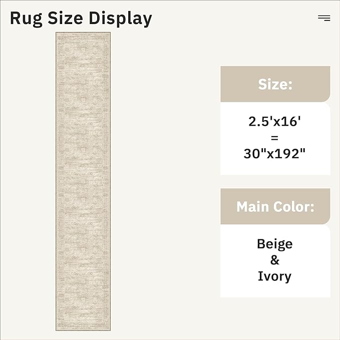 Runner Rug 2'6" x 16' Washable Non-Slip 2.5x16 ft Long Runner Rugs for Kitchen Bathroom Laundry Room Vintage Ultra Thin Runners for Hallway Entryway Beige