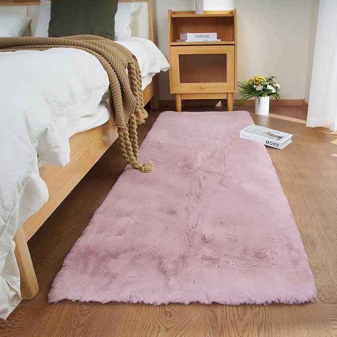 Ghouse Ultra Soft Faux Rabbit Fur Rug, Machine Washable Area Rugs for Bedroom Fluffy Rugs for Living Room, No-Shedding Carpet Sheepskin Runner Rugs Pink 2x10 Feet