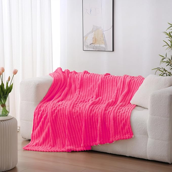 Valentines Day Decorations Hot Pink Fleece Throw Blanket 50”×60” for Couch Sofa,Cozy Plush Microfiber Flannel Blanket with Stripes Design Lightweight Gifts for Adults Woman Girls