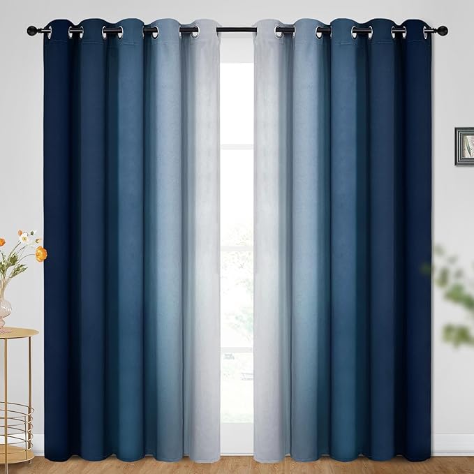 SimpleHome Ombre Room Darkening Curtains for Bedroom, Gradient Dark Blue to Grey White Light Blocking Thermal Insulated Grommet Window Curtain/Drapes for Living Room,2 Panels, 70x84 inches Length