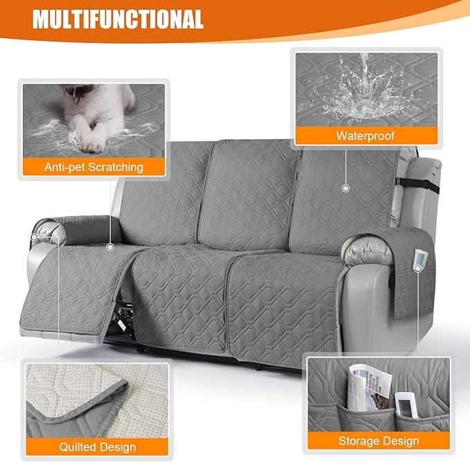 VANSOFY Waterproof Recliner Couch Covers, Sofa Covers 1-Piece Washable Reclining Sofa Cover Non-Slip Furniture Protector with Elastic Straps Pocket for Dogs, Pets(Gray,3 Seater)