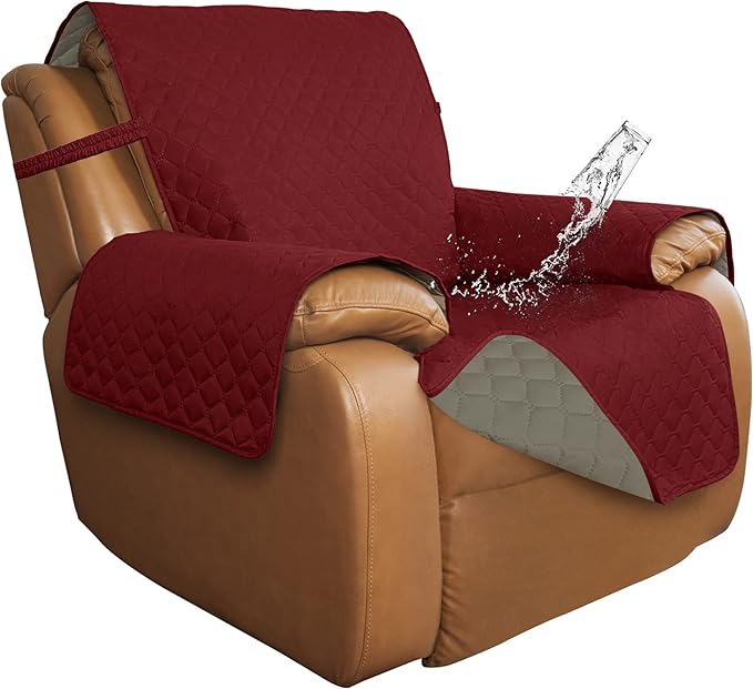 ISSUNTEX Double Protection 100% Waterproof Recliner Covers for Living Room, Reversible Furniture Protector Recliner Couch Sofa Slipcover for Dogs, Pets, Kids (Oversized Recliner, Christmas Red/Beige)