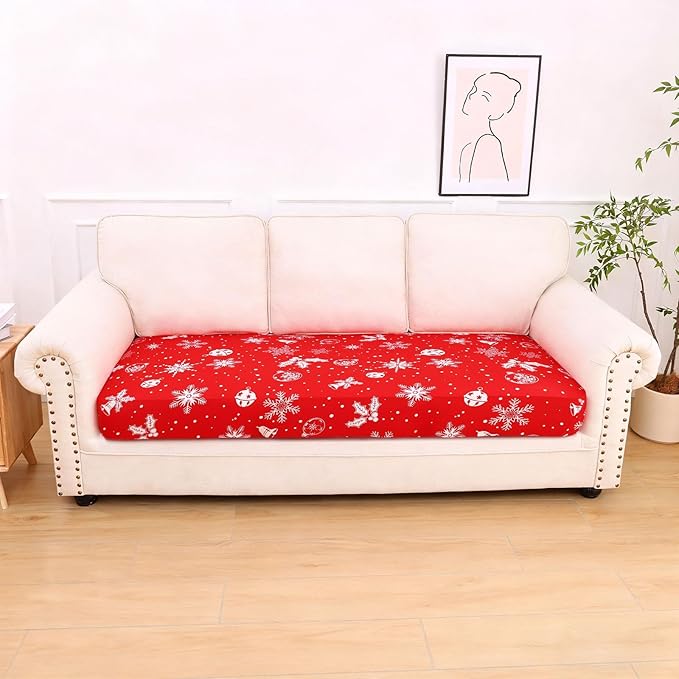 hyha Printed Couch Cushion Covers, Floral Sofa Covers Washable for 3 Cushion Couch, Stretch Pattern Outdoor Cushion Covers for Patio Furniture with Elastic Bottom(Large, Snowflake Bell)