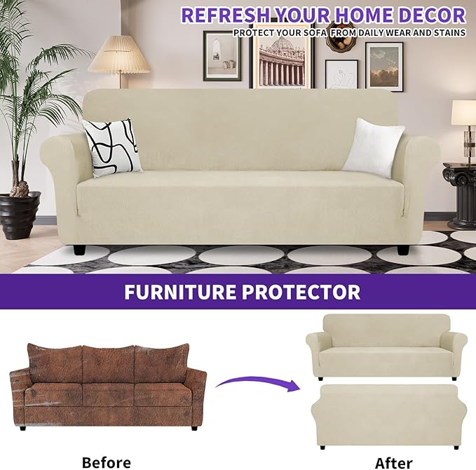 ZNSAYOTX Oversized Super Stretch Couch Cover (92"-115"), New Striped Sofa Covers Comfortable & Durable, Dog Cat Pets Friendly Extra Large Spandex Sofa Slipcovers (Khaki, XL Sofa)