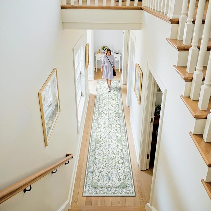 Area Rugs 2'x10' Runner Rug Non Slip Washable for Kitchen Hallway Bedroom Beside Laundry Room Bathroom Rug, Floor Carpet, Green White Blue