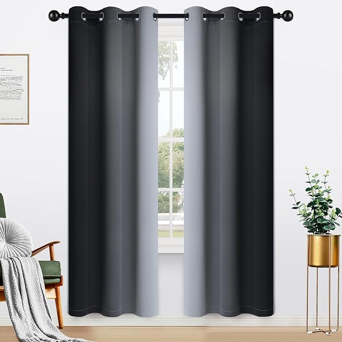 Yakamok Light Blocking Ombre Curtains, Greyish White and Black Gradient Color Curtains, Room Darkening Grommet Window Drapes for Bedroom(Black, 42x72 Inch, 2 Panels)
