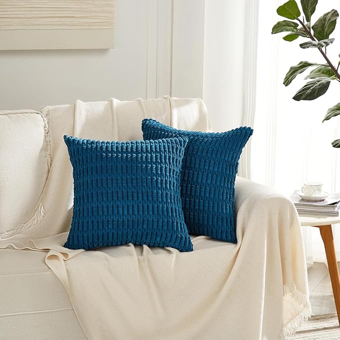 Fancy Homi 4 Packs Teal Decorative Throw Pillow Covers 16x16 Inch for Living Room Couch Bed Sofa, Rustic Farmhouse Fall Home Decor, Soft Striped Corduroy Square Cushion Case 40x40 cm