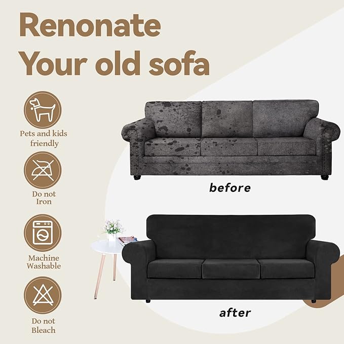 WEERRW 4 Pieces Velvet High Stretch Couch Covers for 3 Cushion Couch Sofa Slipcovers, Washable Furniture Protector with Non Slip Elastic Bottom, Feature Soft and Thick Plush Fabric, Black, Large