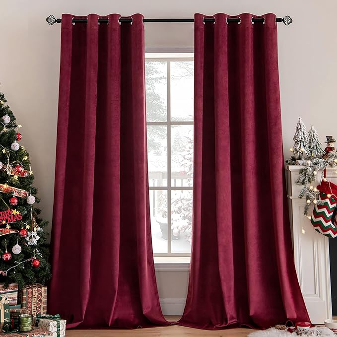 MIULEE Christmas Burgundy Velvet Curtains Solid Soft Red Blackout Curtain Grommet Top Thermal Soundproof Room Darkening Curtains/Drapes/Panels for Living Room Bedroom 52 x 63 Inch 2 Panels