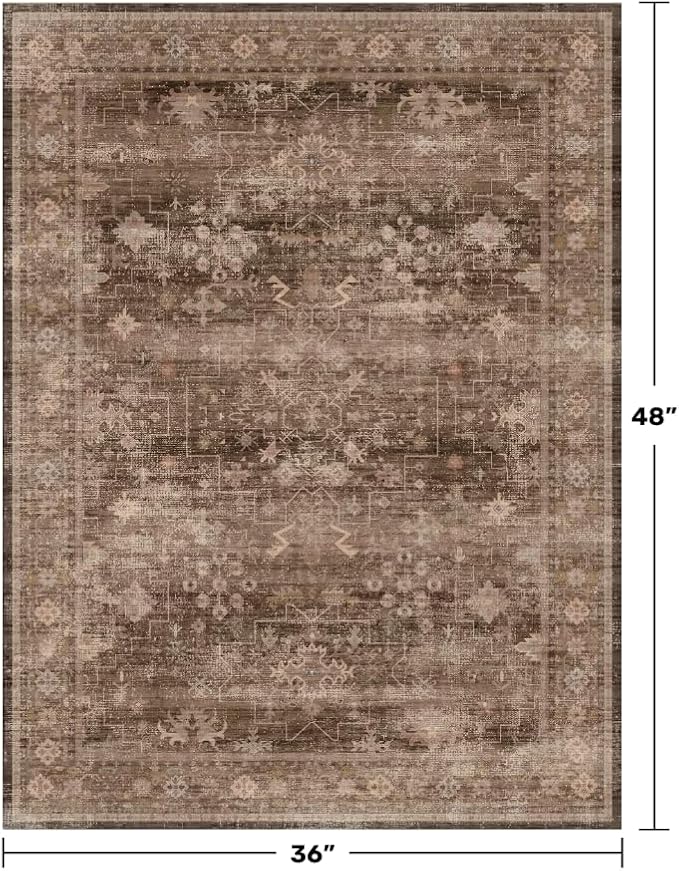 Brown Boho Washable Entry Rug, 3x4 Rugs for Entryway Kitchen Bathroom Door Mat Indoor Entrance, Non Slip Rubber Backing, Stain & Fade Resistant, Earthy Taupe Floral Design