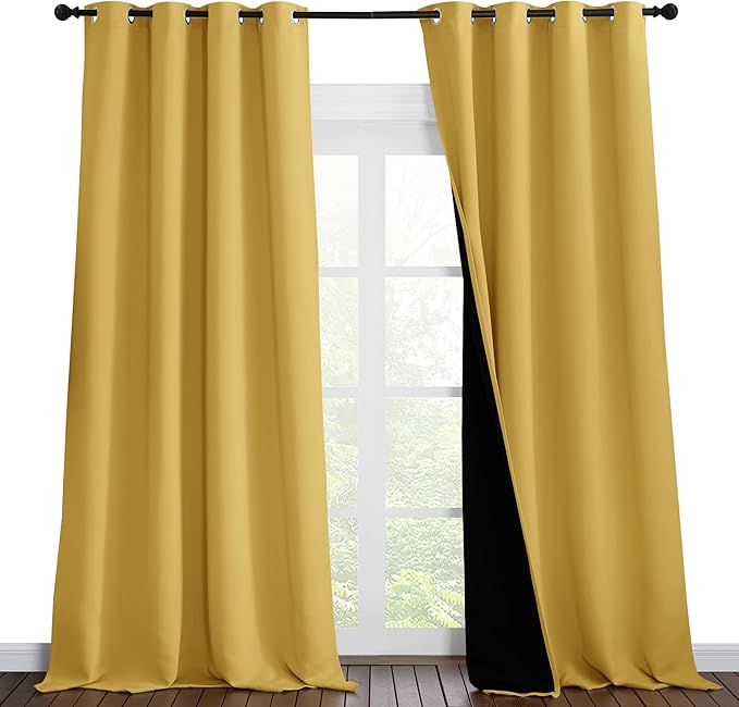 NICETOWN Full Shading Curtains 90 inches Long 2 Panels Set for Windows, Super Heavy-Duty Black Lined Blackout Curtains for Bedroom, Privacy Assured Window Treatment (Bright Yellow, Pack of 2, 52" W)