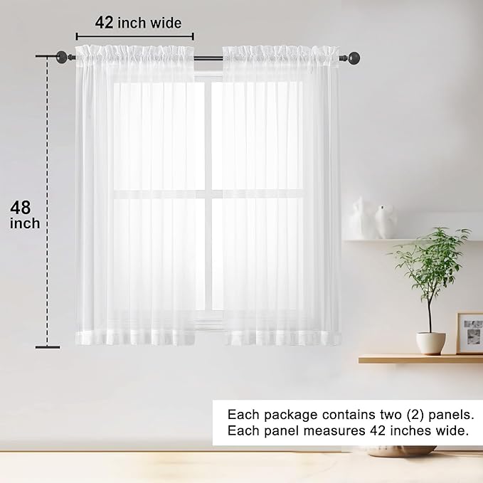 OWENIE Sheer White Curtains 84 Inch Length 2 Panels Set for Living Room Bedroom, Rod Pocket Voile Sheer Panel Drapes, White, 2pcs, Each 42" W x 48" L