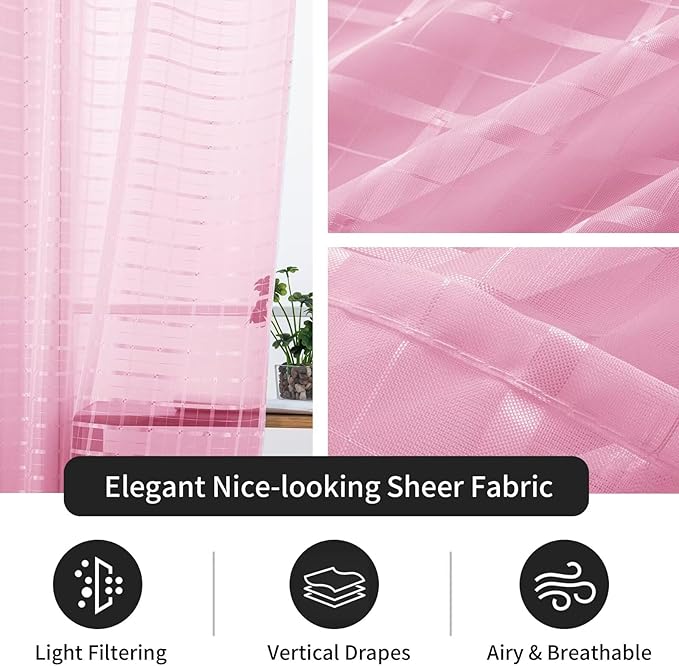 SpaceDresser Check Sheer Curtains 45 Inches 2 Panels Set, Rod Pocket Plaid Window Curtain for Living Room, Pink Semi Sheer Drapes for Kitchen Bedroom Children Room Yard（Pink, 52W x 45L）