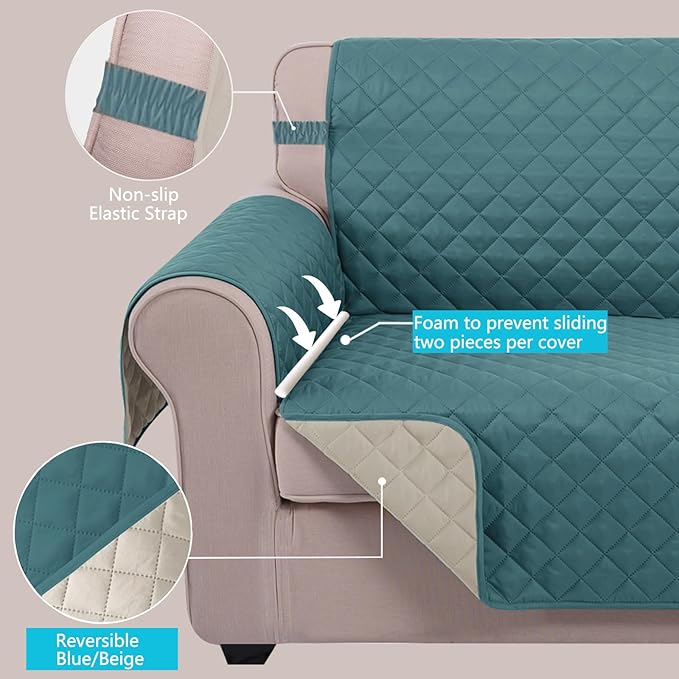 U-NICE HOME Recliner Chair Covers Reversible Quilted Water Repellent Pet Protectors with Elastic Straps (23''Recliner Small, Blue/Beige)