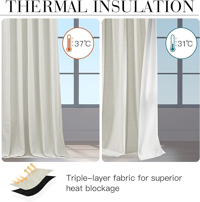 RYB HOME Ivory White 100% Blackout Curtains for Bedroom, Linen Drapes Back Tab&Rod Pocket, Thermal Insulated Privacy Assurd Curtains for Sliding Glass Doors/Dining/Living Room, W52 x L108, 2 Panels