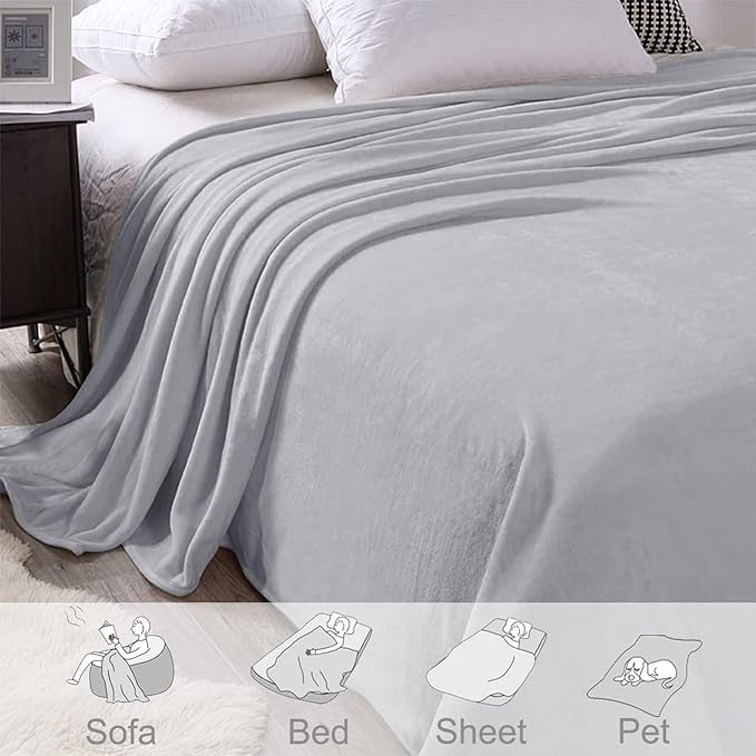 Exclusivo Mezcla Fleece Blankets Queen Size for Bed, Super Soft and Warm, All Season, Cozy, Plush, Lightweight, 90x90 Inches, Light Grey
