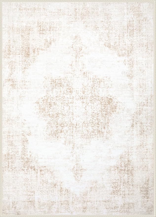 Area Rug 10x14 Vintage Rugs: Large Washable Living Room Rug Retro Medallion Distressed Soft Low Pile Non-Slip Rugs Indoor Floor Carpet for Bedroom Nursery Dining Table Office (Beige,10'x14')