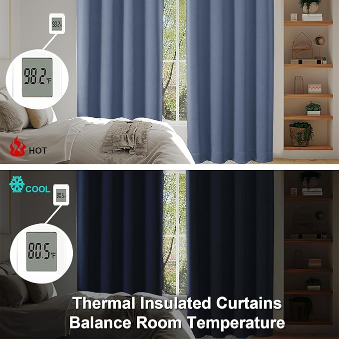 Simplebrand Ava Denim Blue Blackout Curtains for Bedroom 63 Inch Length 2 Panels, Solid Thermal Insulated Energy Saving Rod Pocket Window Treatment Curtains Blackout Drapes, W40 x L63 Inch, Denim Blue