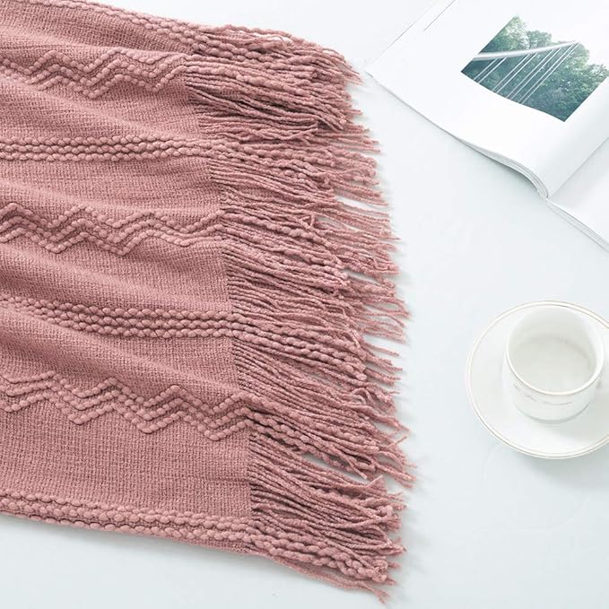 BOURINA Coral Pink Throw Blanket 60 x80 Inches Textured Solid Soft Sofa Throw Bed Runner Knitted Decorative Blanket