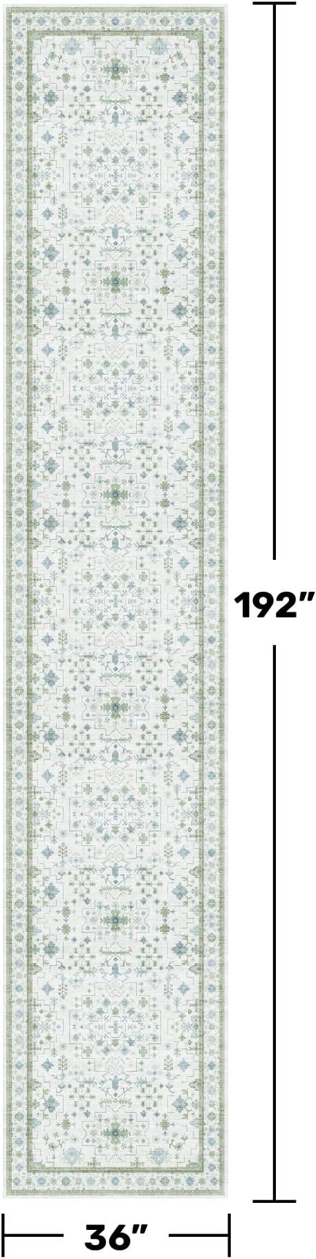 Hazo Haus Oushak 3x16 Wide Hallway Runner Rug - Vintage Turkish Floral, Washable Low Pile Non Slip 16ft Extra Long Runners for Large Kitchen, Hall Way - Light Blue and Green Décor