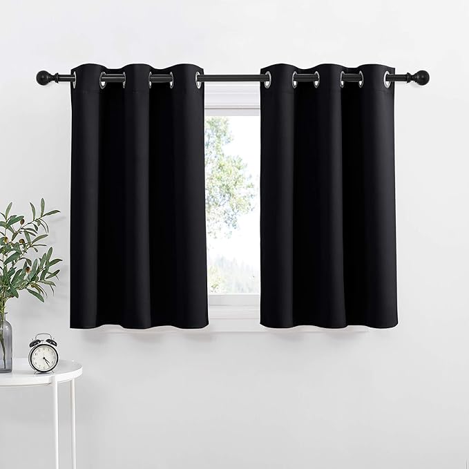 NICETOWN Black Small Window Curtains - Thermal Insulated Home Decor Blackout Grommet Halloween Curtains Drapes for Cafe, Kitchen, Laundry (42W by 36L 1.2 inches Header, Black, 2 Pieces)