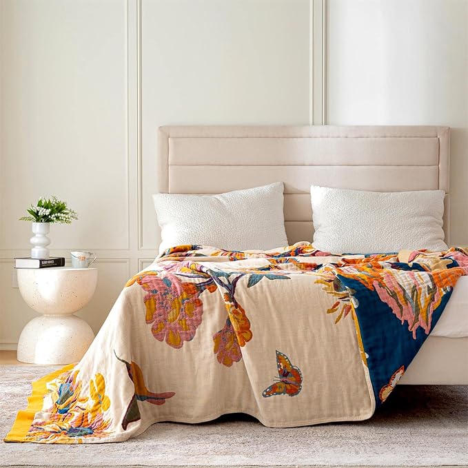MSGKV Boho Throw Blanket 60''x80'',100% Cotton Blanket for Couch Bed, Spring Breathable Quilt Farmhouse Home Decor Soft Lightweight Picnic Blankets