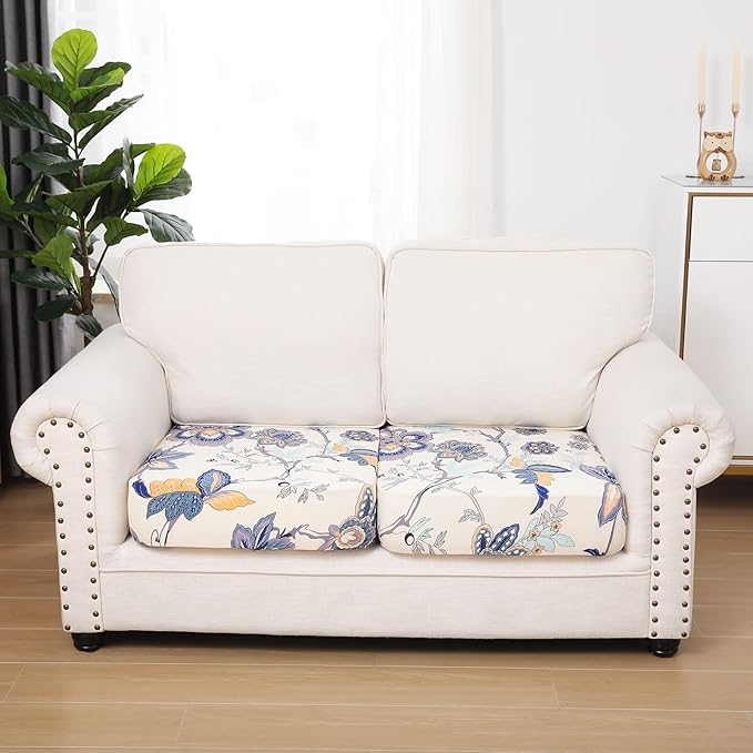 hyha Printed Couch Cushion Covers, Floral Sofa Covers Washable for 2 Cushion Couch, Stretch Pattern Outdoor Cushion Covers for Patio Furniture with Elastic Bottom(2 Packs, Vintage Flower)