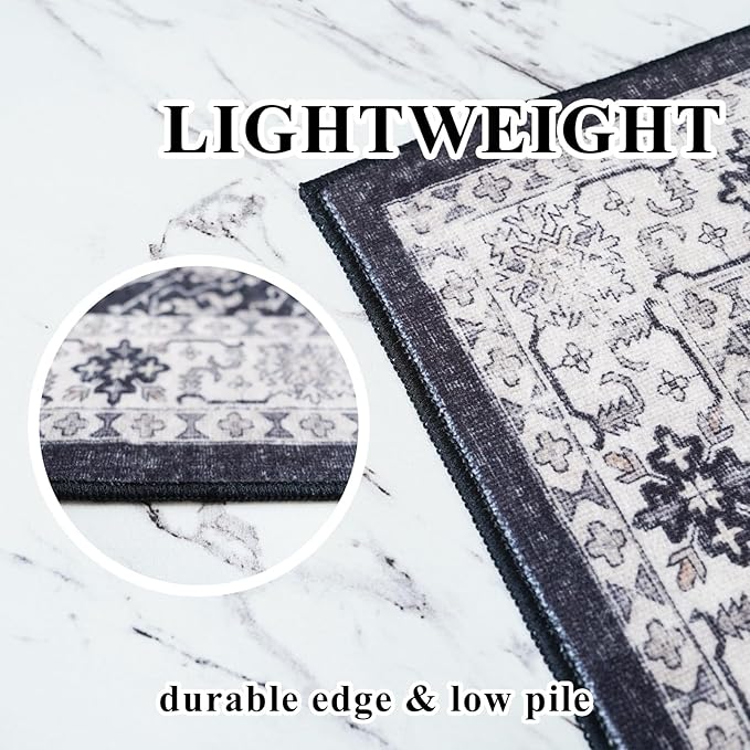 Washable 3x5 Entryway Area Rugs: Ultra Soft Low Pile Carpet for Kitchen Nursery Indoor Light-Weight Doormat Anti-Slip Cozy Rug for Living Room Bedroom Small Vintage Floor Mat Home Decor(3x5,Black)