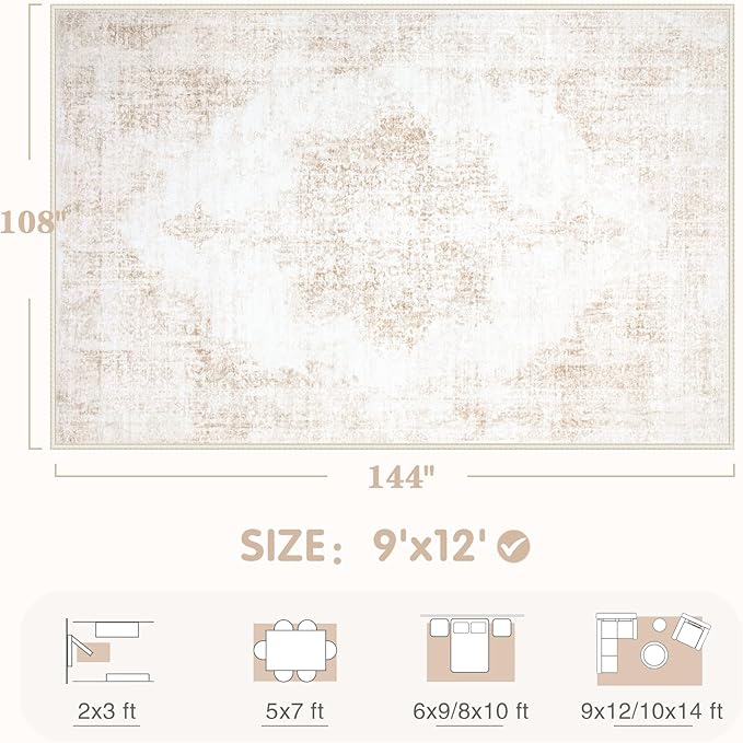 Area Rug 9x12 Vintage Rugs: Large Washable Living Room Rug Retro Medallion Distressed Soft Low Pile Non-Slip Rugs Indoor Floor Carpet for Bedroom Dining Table Office (Beige,9'x12')