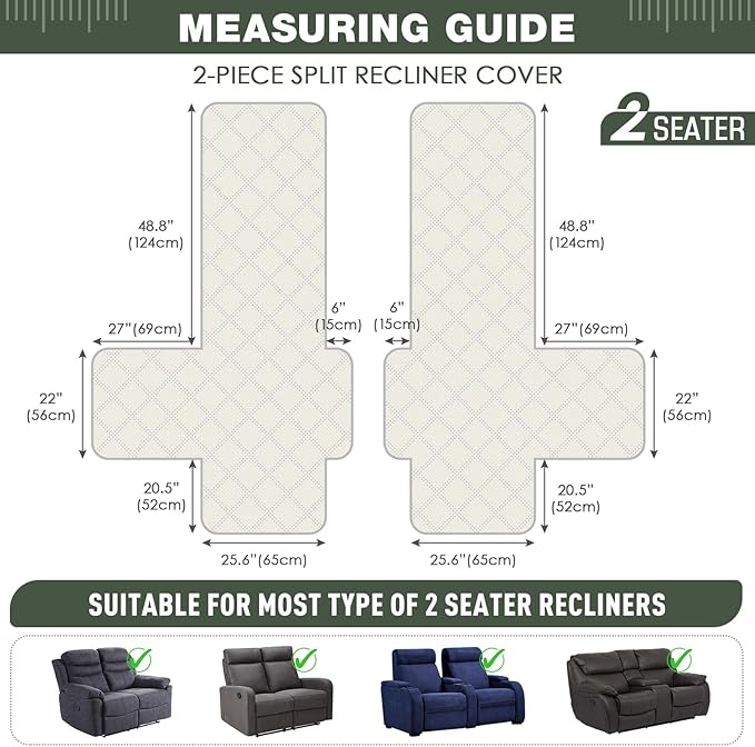 TAOCOCO 100% Waterproof Loveseat Recliner Covers 2 Seater, Split Loveseat Covers for Reclining loveseat, Non Slip Reclining Couch Cover with Double Straps for Kids, Pets(2 Seater, Sage Green)