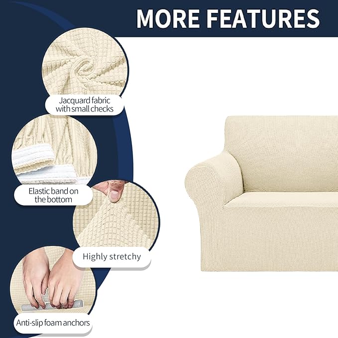 Cupuamon 2026 New Stretch Oversized Sofa Slipcovers Couch Sofa Cover for 4 Seater Furniture Protector Covers with Elastic Bottom Jacquard Fabric Small Checks for Pets, Kids - Beige