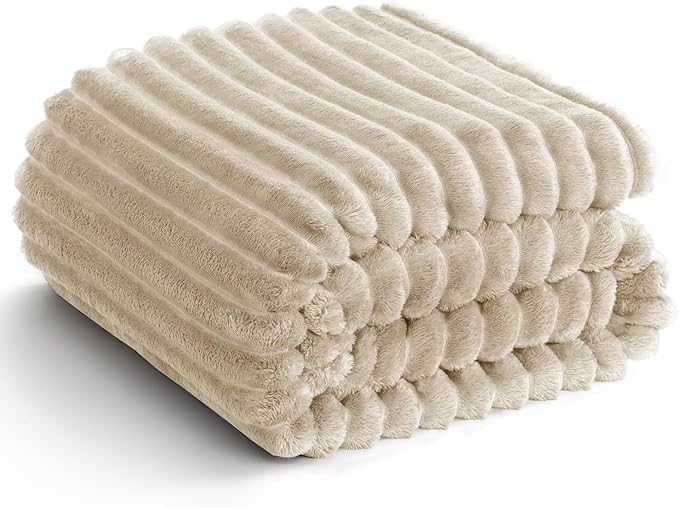 HIMEET Linen Ribbed Throw Blanket for Couch - 300GSM Lightweight Soft Fleece Blanket for Women, Cozy Blankets for Mothers Gifts, Striped Spring Home Room Decor, Linen, 50x60 Inches