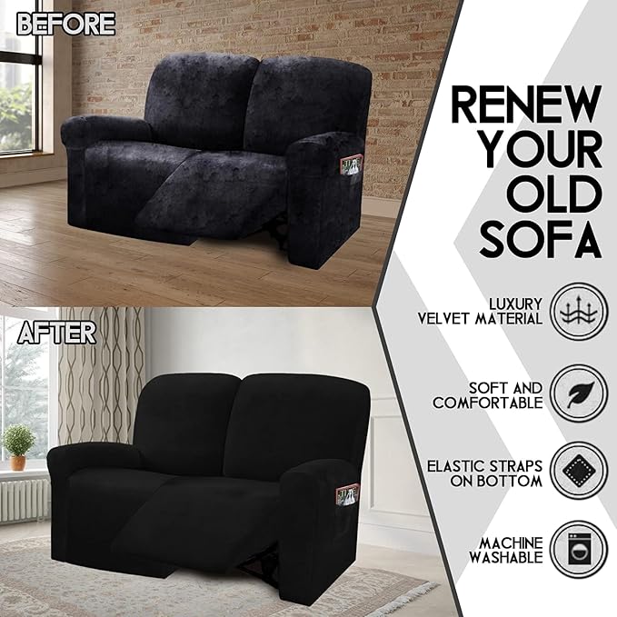 ULTICOR Reclining Love Seat Slipcover, 48" - 65" L, 6-Piece Velvet Stretch Loveseat Reclining Sofa Covers, 2 seat Love seat Recliner Cover, Thick, Soft, Washable (Black)