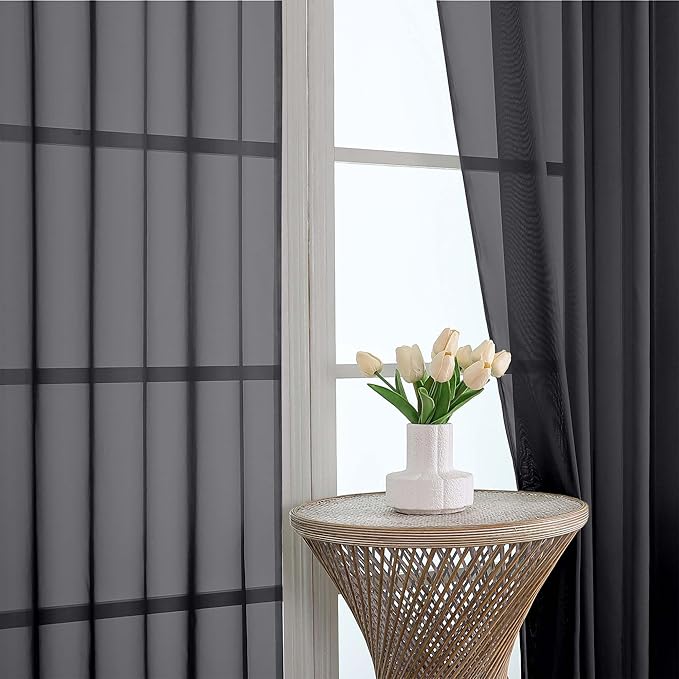 OVZME Black Bedroom Curtains 96 Length for Farmhouse, 59 Inch Extra Wide Light Filtering Voile Drapes Light Airy Window Decor for Patio Door Living Room Bedroom Dining, 59Wx96L Inches