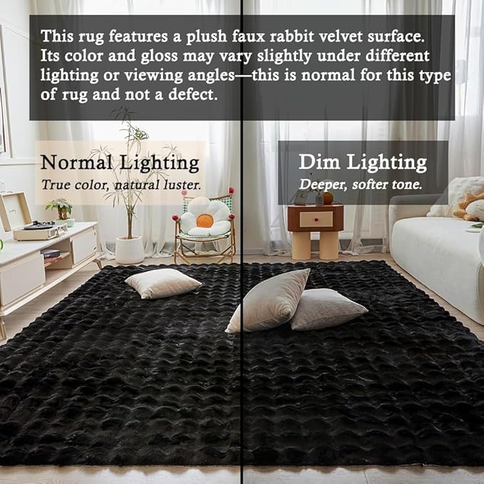 Black Rabbit Plush Rug 8'x10', Fluffy Faux Fur Shaggy Area Rug for Nursery, Kids Room Decor, Soft Fuzzy Carpet for Living Room, Bedroom, Teen Girls Room