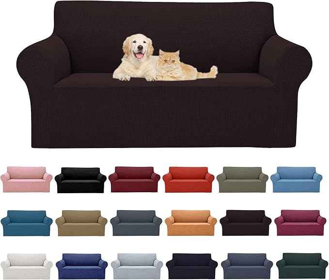 Cupuamon 2026 New Stretch Loveseat Sofa Slipcovers Couch Cover for 2 Cushion Furniture Protector Sofa Covers with Elastic Bottom Jacquard Fabric Small Checks for Pets, Kids - Chocolate