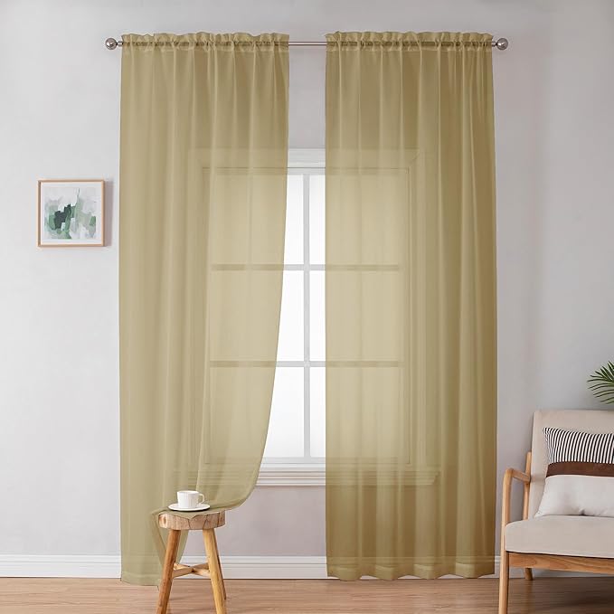 OWENIE Gold Sheer Curtains 84 Inch Length 2 Panels Set, Light Filtering Voile Fimly Sheer Drapes for Living Room/Bedroom, 2pcs, Gold Solid Rod Pocket Sheer Curtains, Each 42" W x 84" L