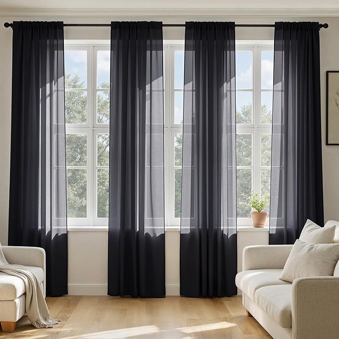 MIULEE Black Sheer Curtains 90 Inches Long, 4 Panels Set, Light Filtering Halloween Rod Pocket Voile Drapes for Living Room and Bedroom, Airy Soft Fabric Window Treatments, 42 x 90 Inches