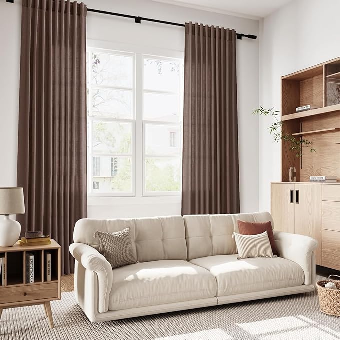 Cappuccino Linen Curtains 132 Inch Length for Living Room Light Filtering Semi Sheer Curtain Back Tab Modern Rustic Home Decor Neutral Drapes Floor to Ceiling High Window for Bedroom 52x132, 2 Panels