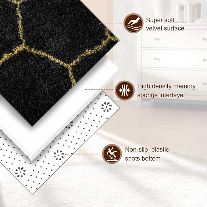 TWINNIS Super Soft Shaggy Rugs Fluffy Carpets, 4x5.9 Feet, Indoor Modern Plush Area Rugs for Living Room Bedroom Kids Room Nursery Home Decor, Upgrade Anti-Skid Rectangular Fuzzy Rug, Black Gold