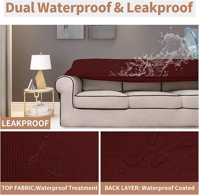 Easy-Going 100% Waterproof Loveseat Couch Cover, Dual Waterproof Sofa Cover, Stretch Jacquard Sofa Slipcover, Leakproof Furniture Protector for Kids, Pets, Dog and Cat (Loveseat, Wine)