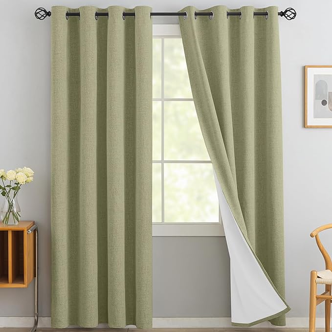 Yakamok Sage Green Linen Curtains 100% Blackout 90 Inches Long,Room Darkening Textured Curtains for Living Room Thermal Grommet Bedroom 2 Panels with Greyish White Liner