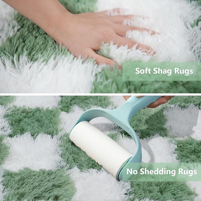Large Area Rugs for Living Room Bedroom,9x12 Green and White Fluffy Soft Checkered Rug Fuzzy Shag Shaggy Carpet, Indoor Plush Floor Rugs for Kids Boys Girls Teen Dorm Nursery Home Decor