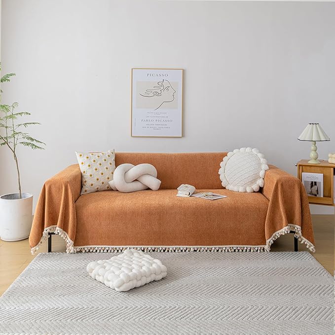 HANDONTIME Dark Orange Sofa Covers Couch Cover for Dogs Colorful Tassel Lovetseat Cover Pet Couch Cover Bohemian Sofa Cover for Couch Vintage Boho Couch Covers Futon Cover Pet-Friendly, 91" X150"