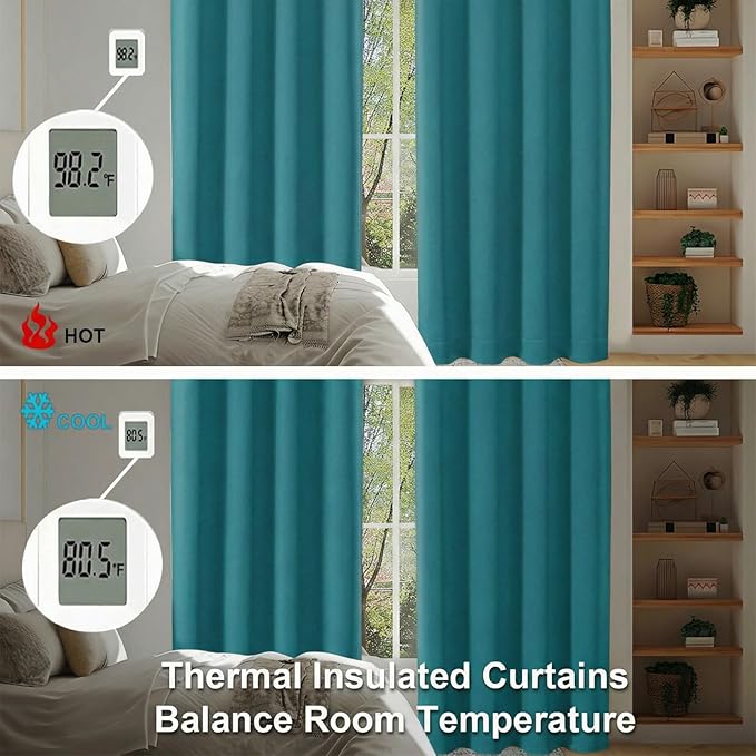 Simplebrand Ava Teal Blackout Curtains for Bedroom 63 Inch Length 2 Panels Set, Privacy Thermal Insulated Rod Pocket Door Window Curtains for Patio French Door Front Door, W40 x L63 Inch