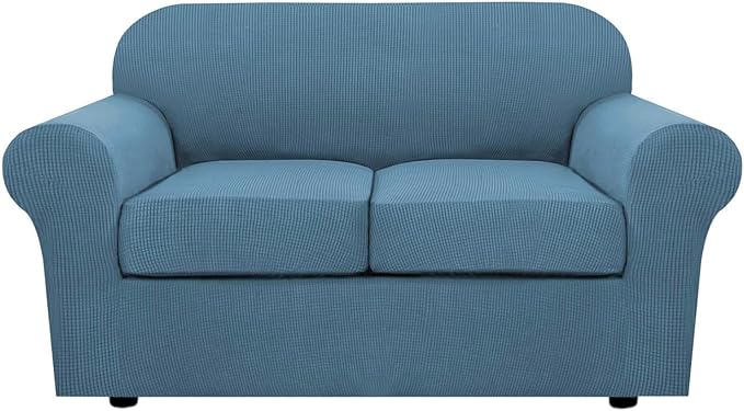 H.VERSAILTEX 3 Piece Stretch Sofa Covers for 2 Cushion Loveseat Couch Covers for Living Room Sofa Slipcovers (Base Cover Plus 2 Seat Cushion Covers) Thicker Jacquard Fabric(Medium Sofa, Dusty Blue)