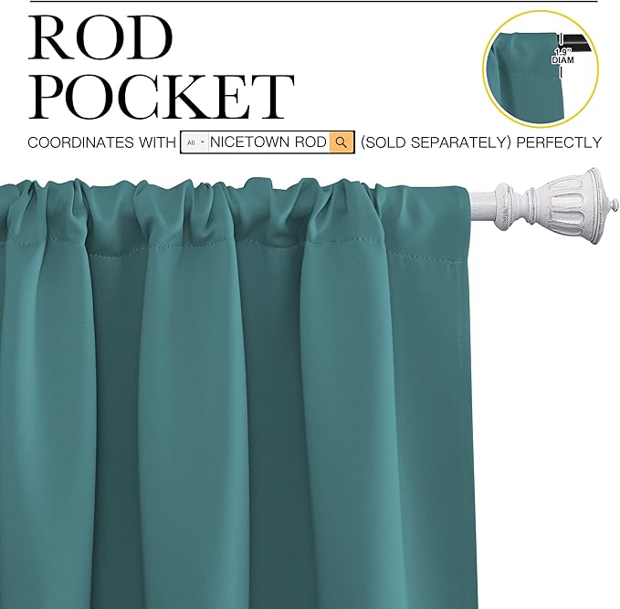 NICETOWN Kitchen Window Curtain Set - Window Treatment Thermal Insulated Solid Room Darkening Rod Pocket Drapes for Bedroom (Sea Teal, Set of 2, 52 by 63 inches Long)